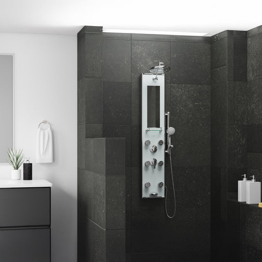Kihei II shower panel system with 8 inch rainfall head, handheld spray, 6 body jets, 5 function wand and chrome fixtures