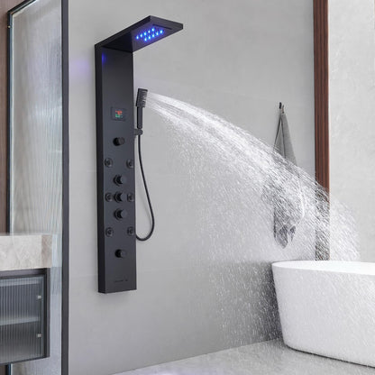 BWE LED shower panel tower system with temperature display, rainfall waterfall, body jets, tub spout and handheld shower, matte black