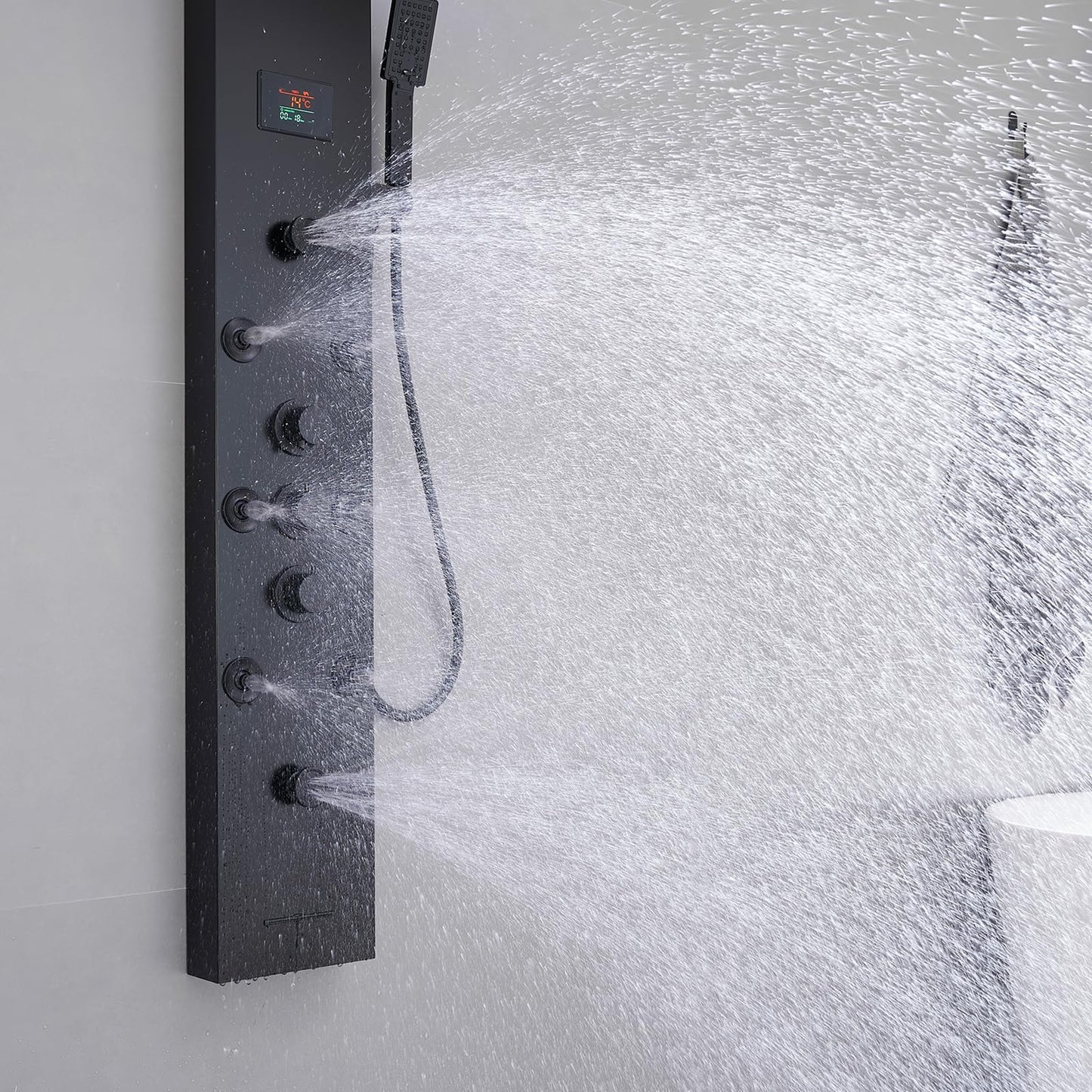 BWE LED shower panel tower system with temperature display, rainfall waterfall, body jets, tub spout and handheld shower, matte black