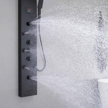 BWE LED shower panel tower system with temperature display, rainfall waterfall, body jets, tub spout and handheld shower, matte black