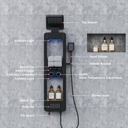 ELLO&ALLO LED shower panel tower with rainfall head, body jets and shelf, stainless steel, matte black finish