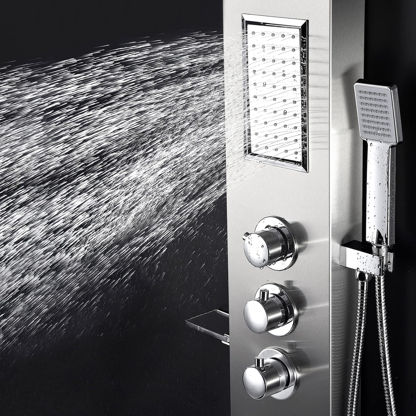 ANZZI Field 58 inch shower panel with high pressure rainfall head, handheld spray and 2 body jets, brushed steel