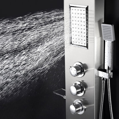 ANZZI Field 58 inch shower panel with high pressure rainfall head, handheld spray and 2 body jets, brushed steel