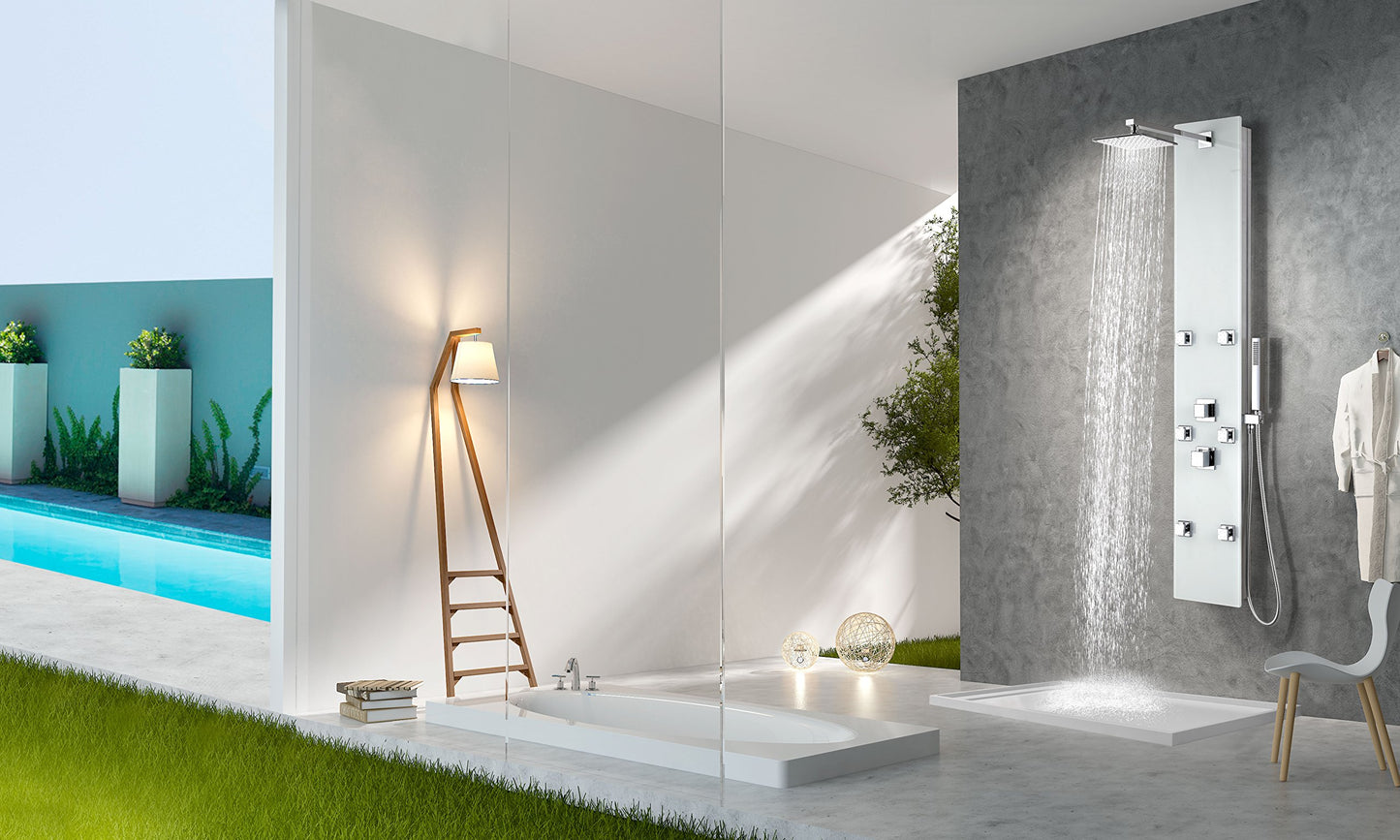 ANZZI Rhaus 60 inch full body shower panel with heavy rain shower and spray wand, 6 directional jets, white finish